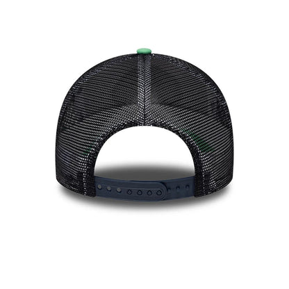 Pictured is this New Era Location Icon 9FORTY A-Frame Trucker Adjustable cap in open green. 4