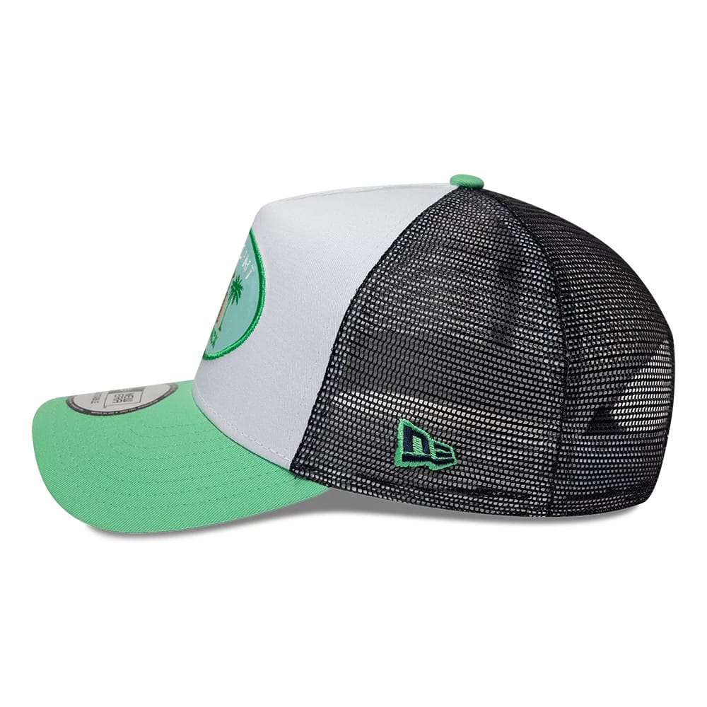 Pictured is this New Era Location Icon 9FORTY A-Frame Trucker Adjustable cap in open green. 5