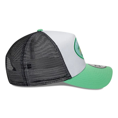 Pictured is this New Era Location Icon 9FORTY A-Frame Trucker Adjustable cap in open green. 6