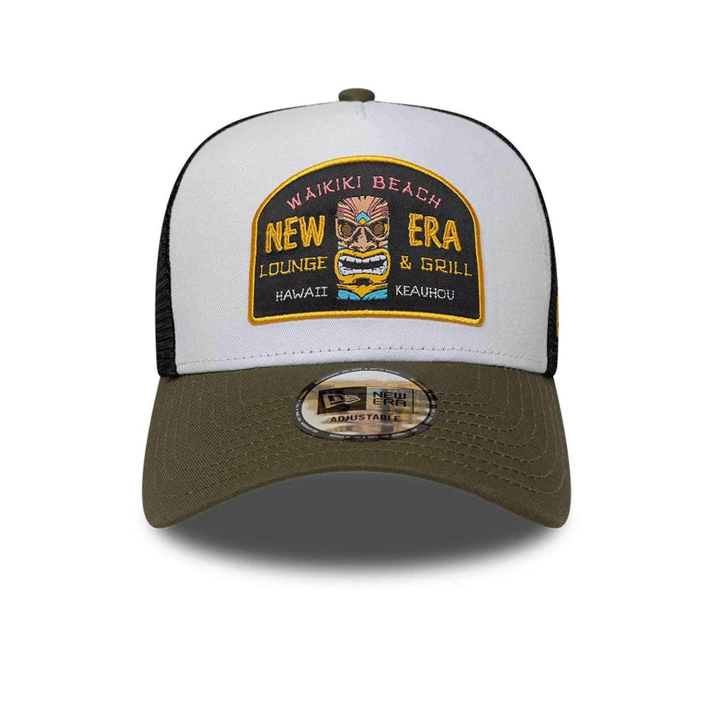 Pictured is this New Era Location Icon 9FORTY A-Frame Trucker Adjustable cap in green. 2