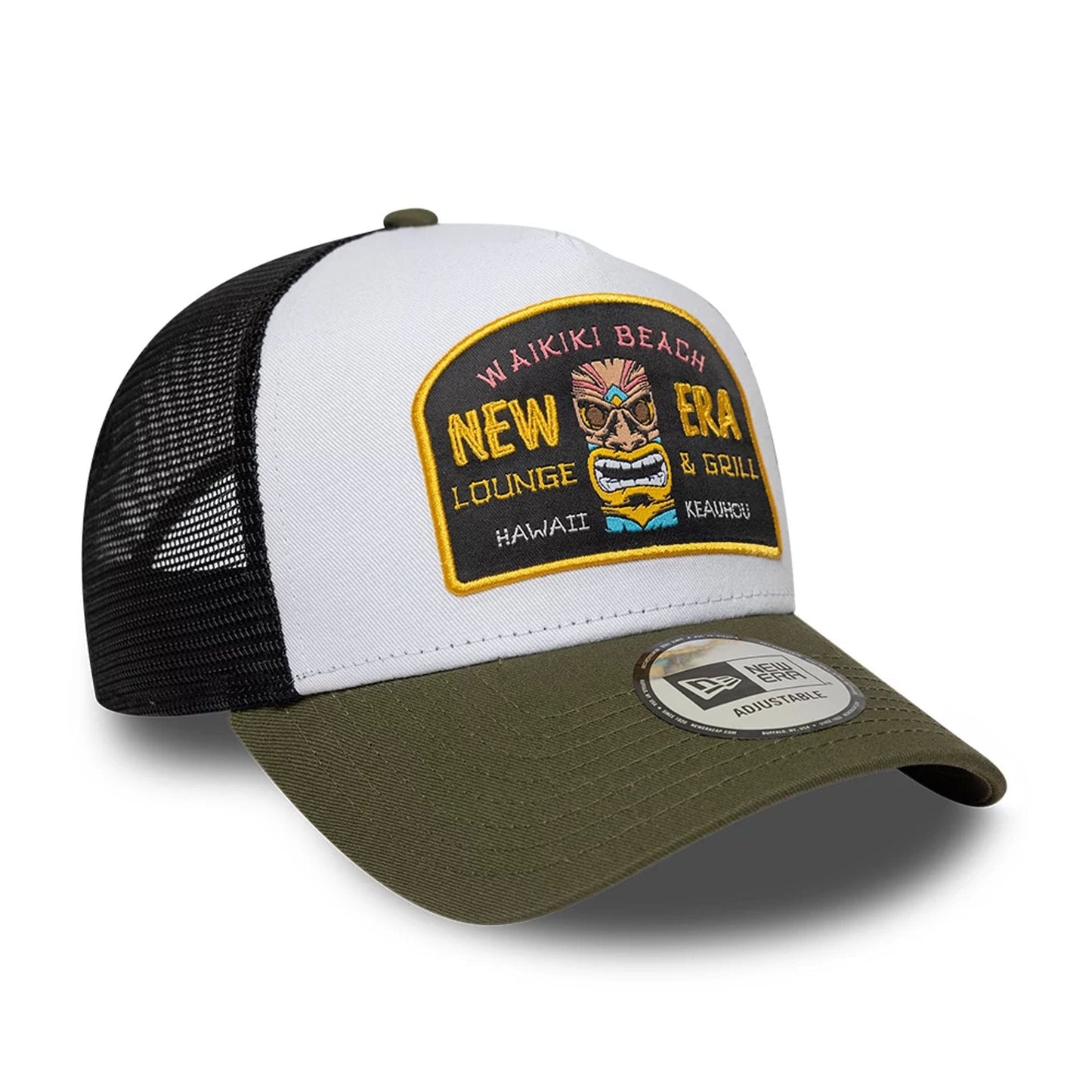 Pictured is this New Era Location Icon 9FORTY A-Frame Trucker Adjustable cap in green. 3