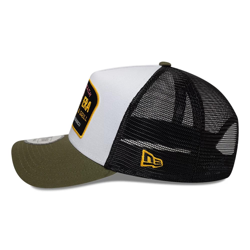 Pictured is this New Era Location Icon 9FORTY A-Frame Trucker Adjustable cap in green. 4