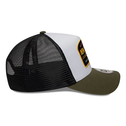 Pictured is this New Era Location Icon 9FORTY A-Frame Trucker Adjustable cap in green. 5