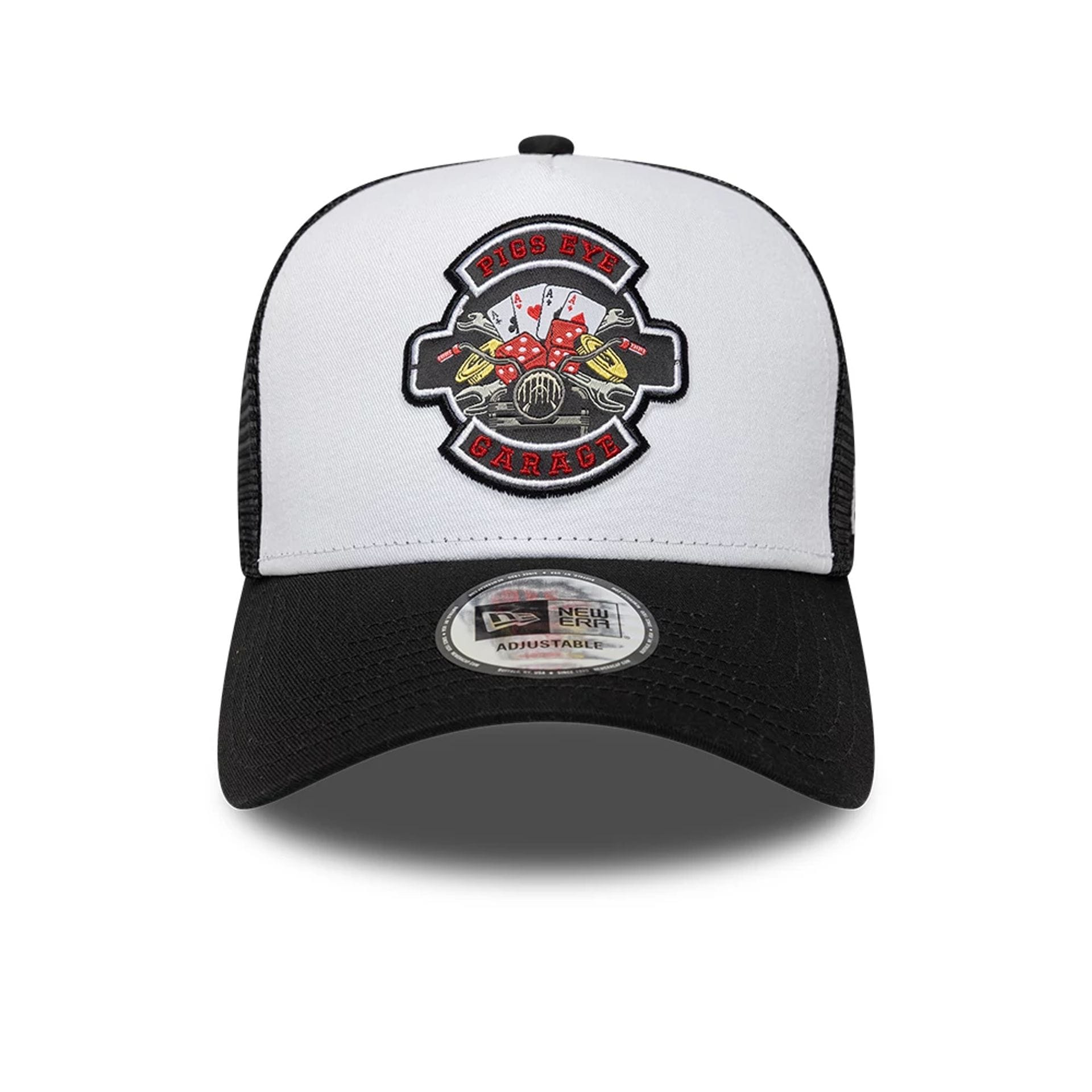 Pictured is this New Era Location Icon 9FORTY A-Frame Trucker Adjustable cap in black. 2
