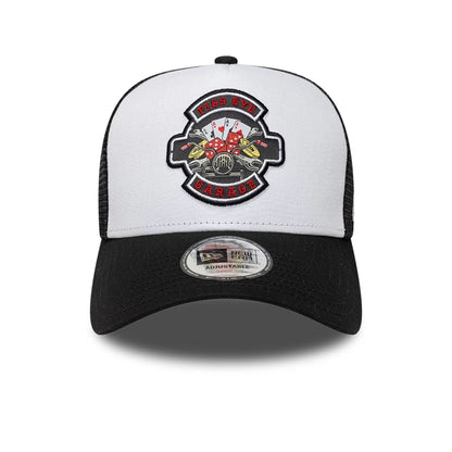 Pictured is this New Era Location Icon 9FORTY A-Frame Trucker Adjustable cap in black. 2