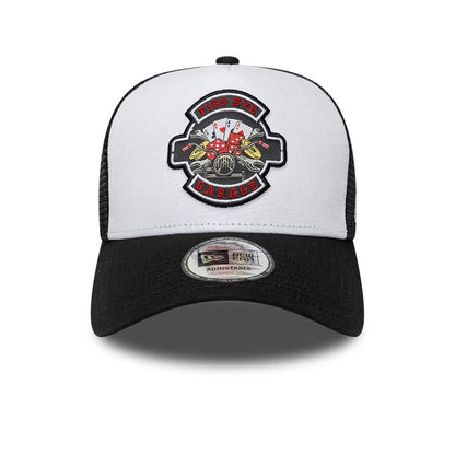 Pictured is this New Era Location Icon 9FORTY A-Frame Trucker Adjustable cap in black. 2