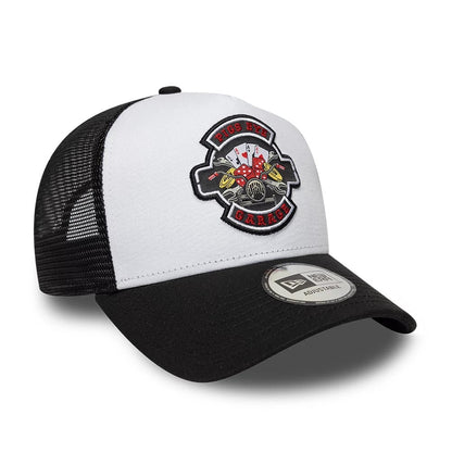 Pictured is this New Era Location Icon 9FORTY A-Frame Trucker Adjustable cap in black. 3