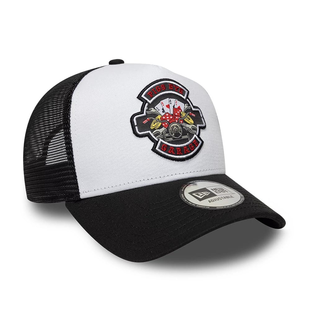 Pictured is this New Era Location Icon 9FORTY A-Frame Trucker Adjustable cap in black. 3