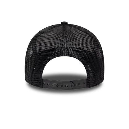 Pictured is this New Era Location Icon 9FORTY A-Frame Trucker Adjustable cap in black. 6