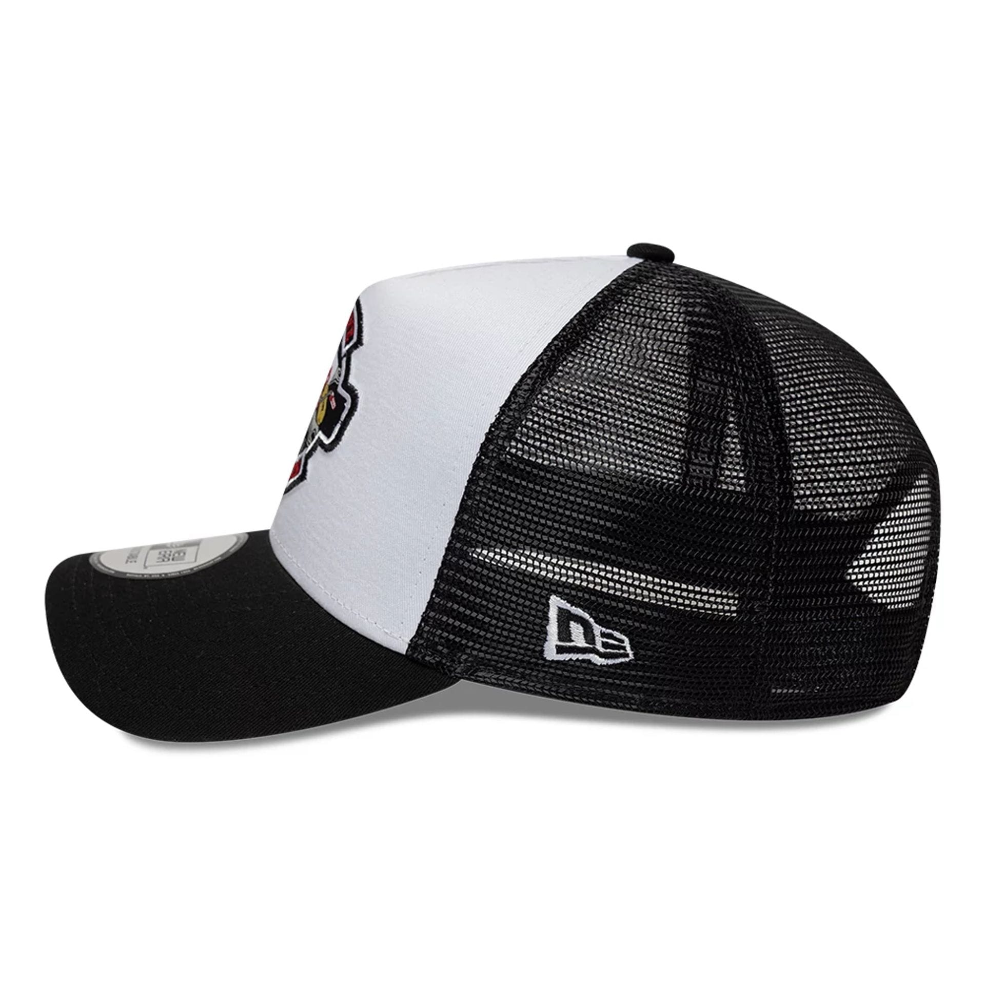 Pictured is this New Era Location Icon 9FORTY A-Frame Trucker Adjustable cap in black. 4