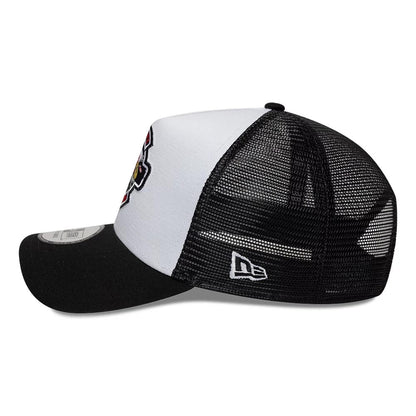 Pictured is this New Era Location Icon 9FORTY A-Frame Trucker Adjustable cap in black. 4