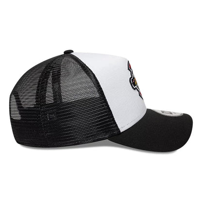Pictured is this New Era Location Icon 9FORTY A-Frame Trucker Adjustable cap in black. 5