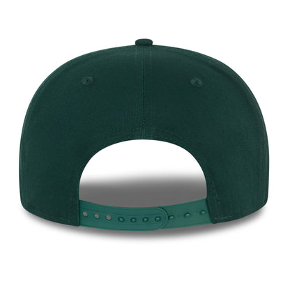 Athletics MLB Essential Dark Green New Era 9FIFTY Cap, rear view featuring an adjustable snapback closure and matching dark green top button, with unadorned panels on the structured crown.