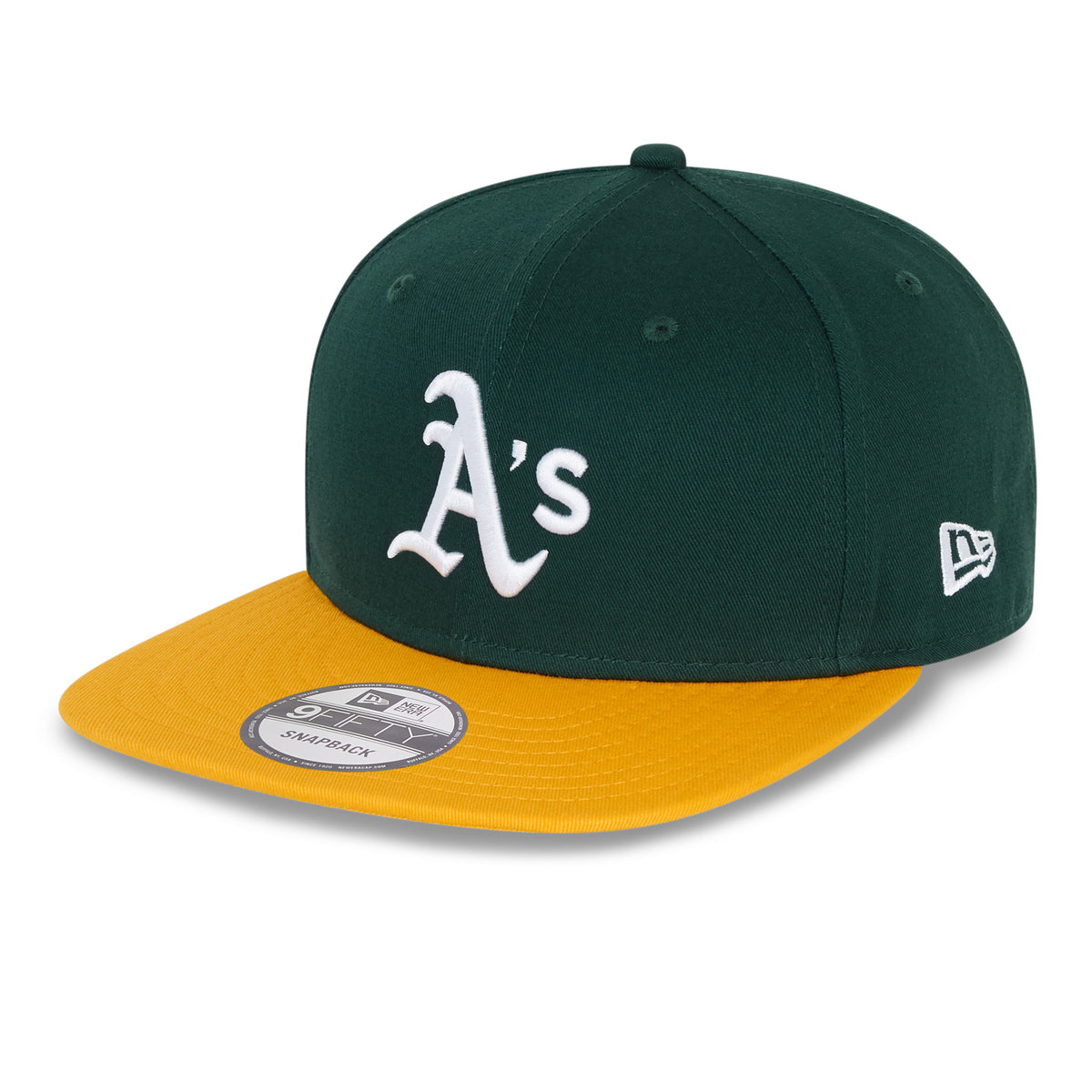 Athletics MLB Essential Dark Green New Era 9FIFTY Cap, front view showing the raised white embroidered A's logo on the dark green crown, with a yellow visor and a 9FIFTY size sticker on the top.