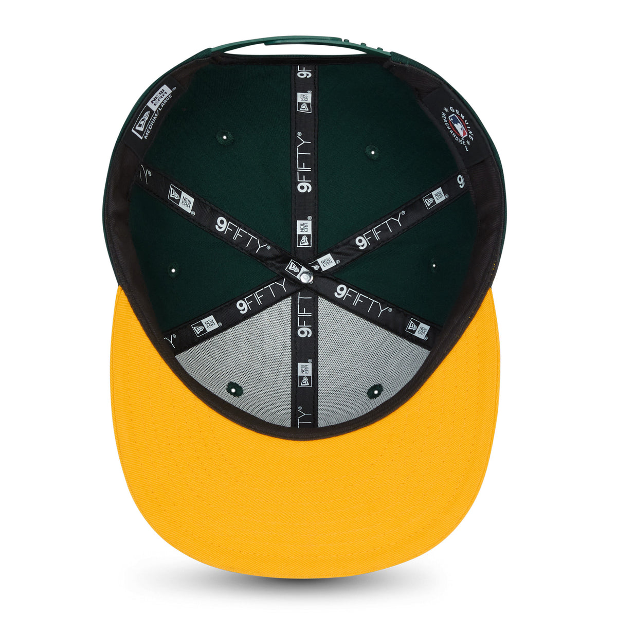 Athletics MLB Essential Dark Green New Era 9FIFTY Cap, inside view showing the black 9FIFTY taping across the green crown, with black sweatband and contrasting orange undervisor, featuring the New Era tag on the side.