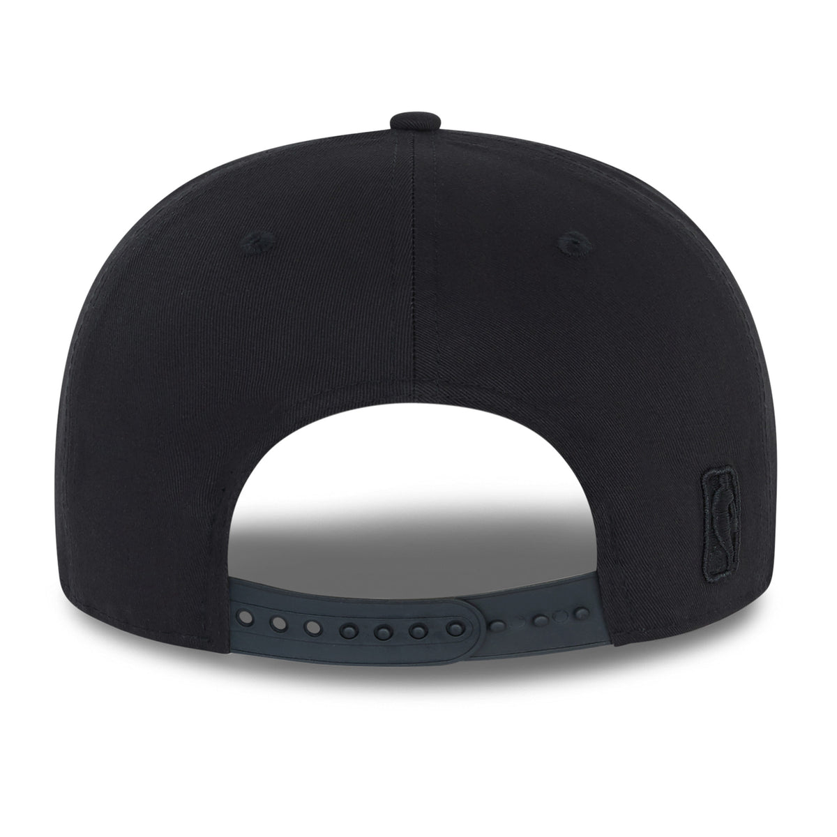 Chicago Bulls NBA Black On Black New Era 9FIFTY Cap, rear view showing the black embroidered NBA logo on the left side of the adjustable black snapback closure on the structured black crown.