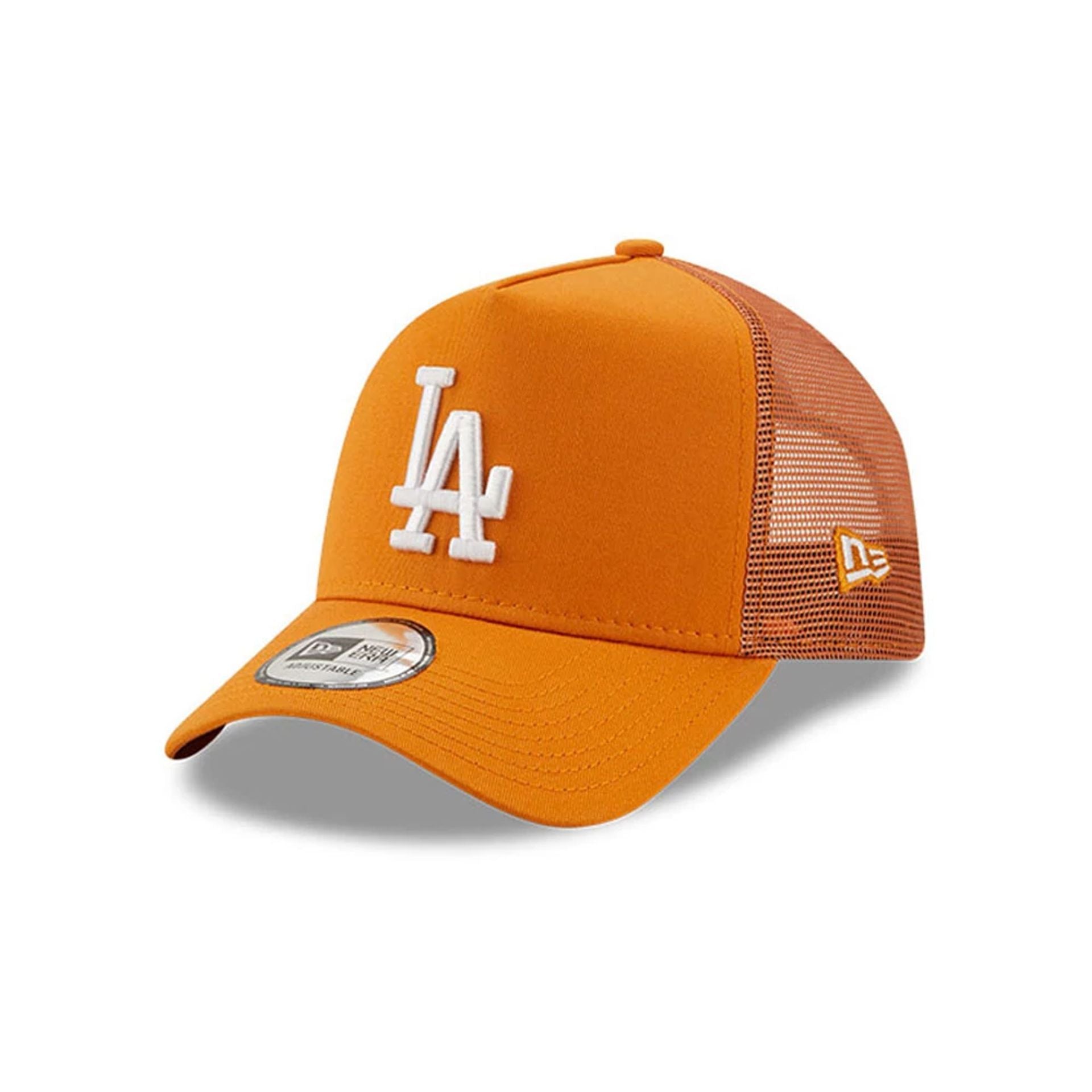 This is a LA Dodgers Youth MLB League Essential Dark Orange 9FORTY A-Frame Trucker Adjustable Cap 1
