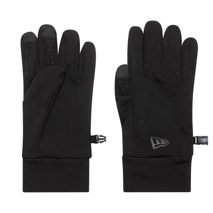 New Era Etouch Black Gloves, front view showing both gloves with rubberised grip pattern on the fingers, elasticated cuffs and a black New Era flag logo on the right glove near the wrist.