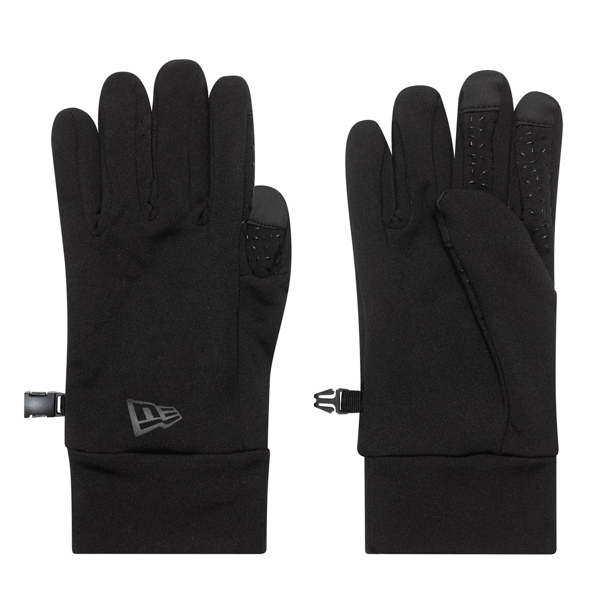 New Era Etouch Black Gloves, front view showing the pair with touch screen functionality on the fingertips, a New Era flag logo on the left glove cuff, and clip fasteners for securing them together.