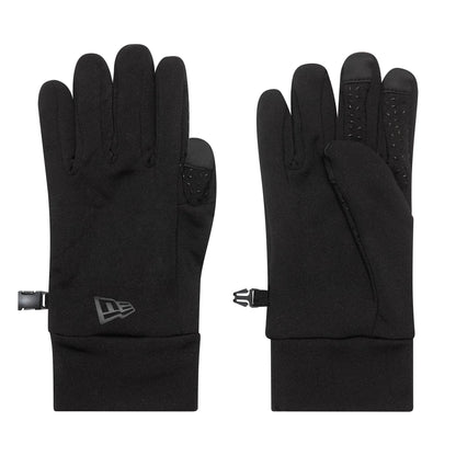 New Era Etouch Black Gloves, front view showing the pair with touch screen functionality on the fingertips, a New Era flag logo on the left glove cuff, and clip fasteners for securing them together.
