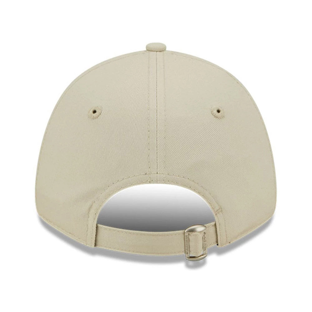 New York Yankees Womens League Essential Light Beige New Era 9FORTY Adjustable Cap, rear view showing the metal buckle closure on the adjustable strap and embroidered eyelets on a light beige crown.