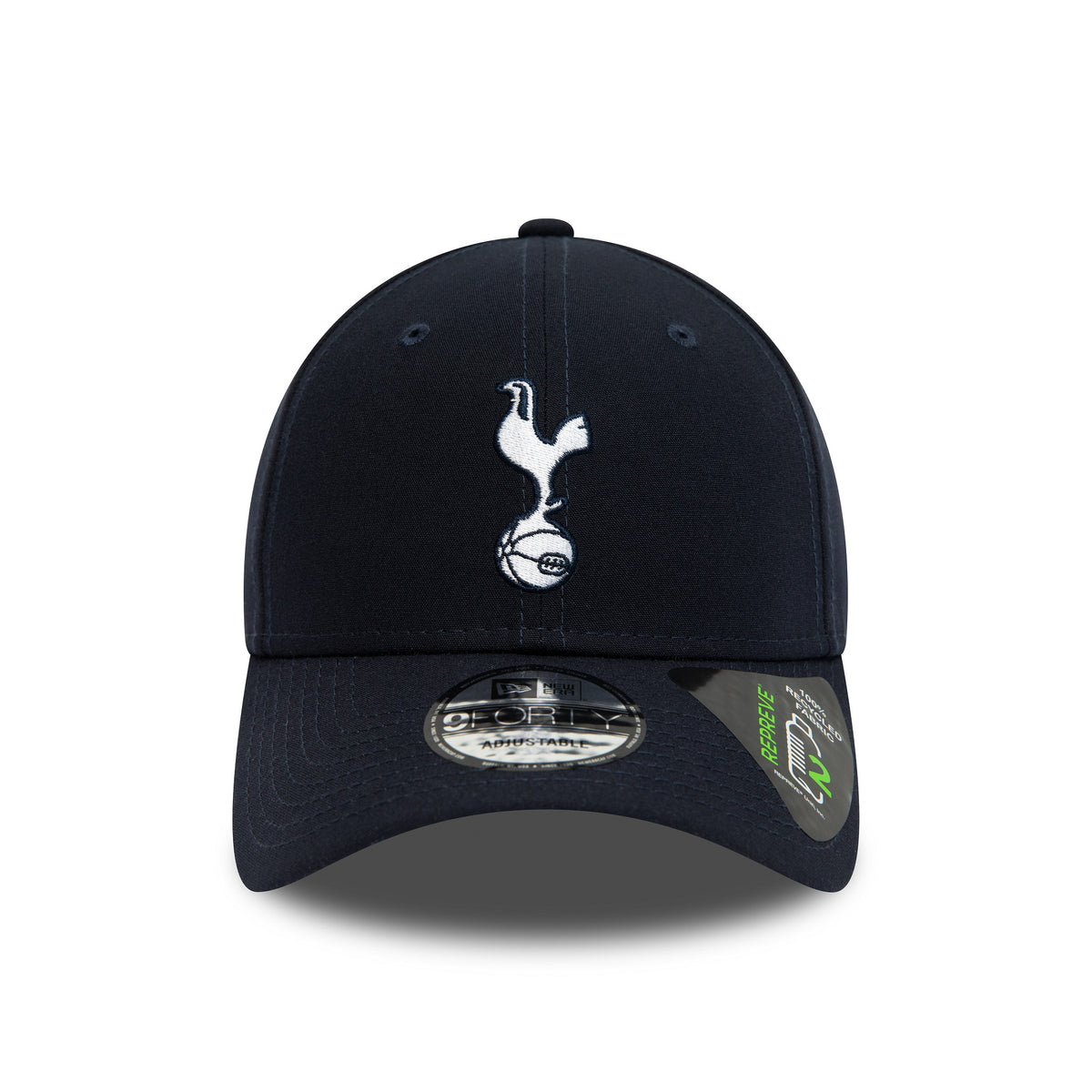Tottenham Hotspur Repreve Navy New Era 9FORTY Adjustable Cap, front view showing the white embroidered crest on the centre front panel, with a curved navy visor featuring a 9FORTY size sticker on top.