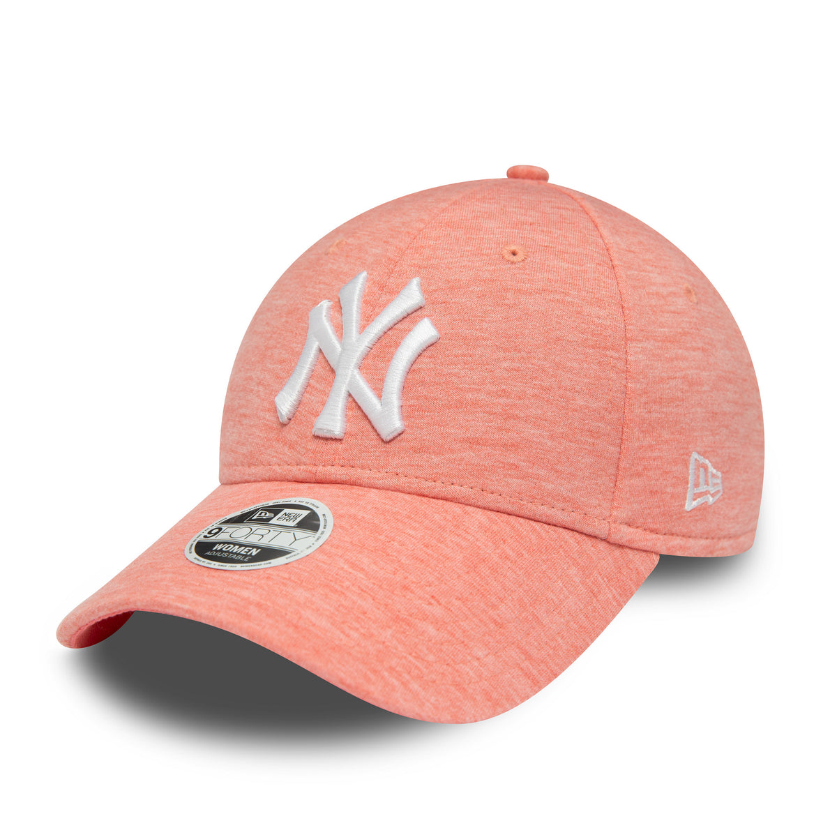 New York Yankees Womens Jersey Pastel Pink New Era 9FORTY Adjustable Cap, three-quarter view showing a raised white NY logo on the front panel and a white New Era flag logo on the left side, with a 9FORTY size sticker on the visor.