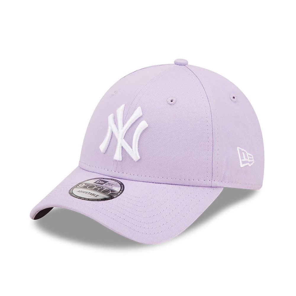 New York Yankees League Essential Purple New Era 9FORTY Adjustable Cap, three-quarter view showing the raised white NY logo on the front panel, curved visor with 9FORTY size sticker, and New Era flag logo on the left side.
