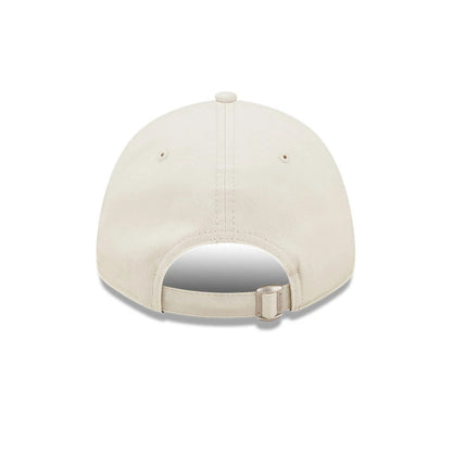 LA Dodgers League Essential Stone New Era 9FORTY Adjustable Cap, rear view showing the curved back opening with an adjustable strap and metal buckle, set on the soft stone-coloured structured crown.