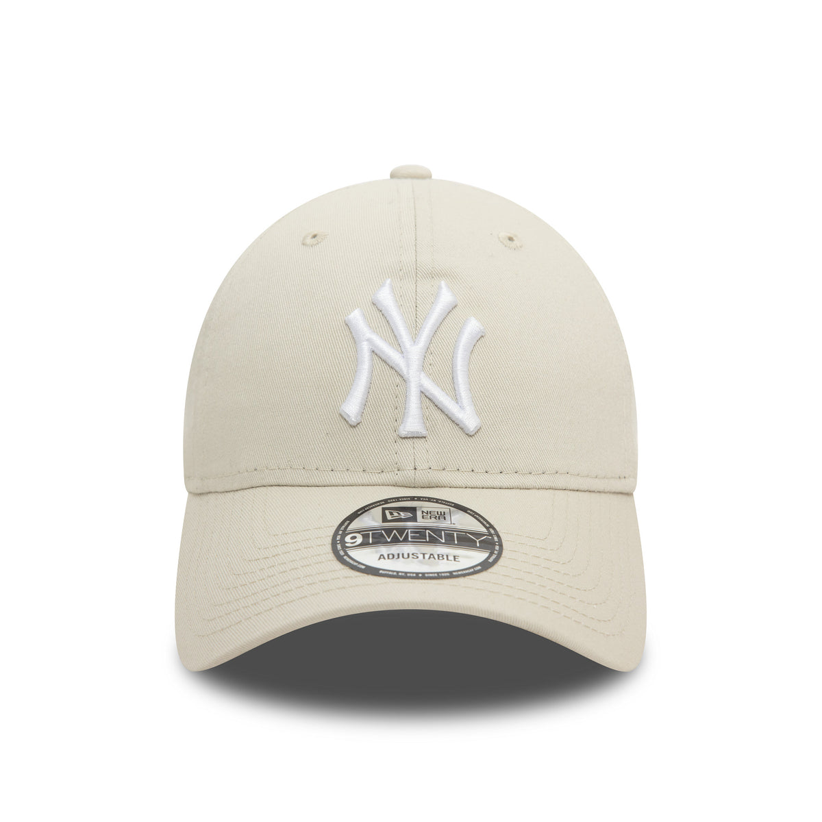 New York Yankees League Essential Stone New Era 9TWENTY Adjustable Cap, front view showing raised white embroidered NY logo on the structured stone crown, with a 9TWENTY size sticker centred on the curved visor.