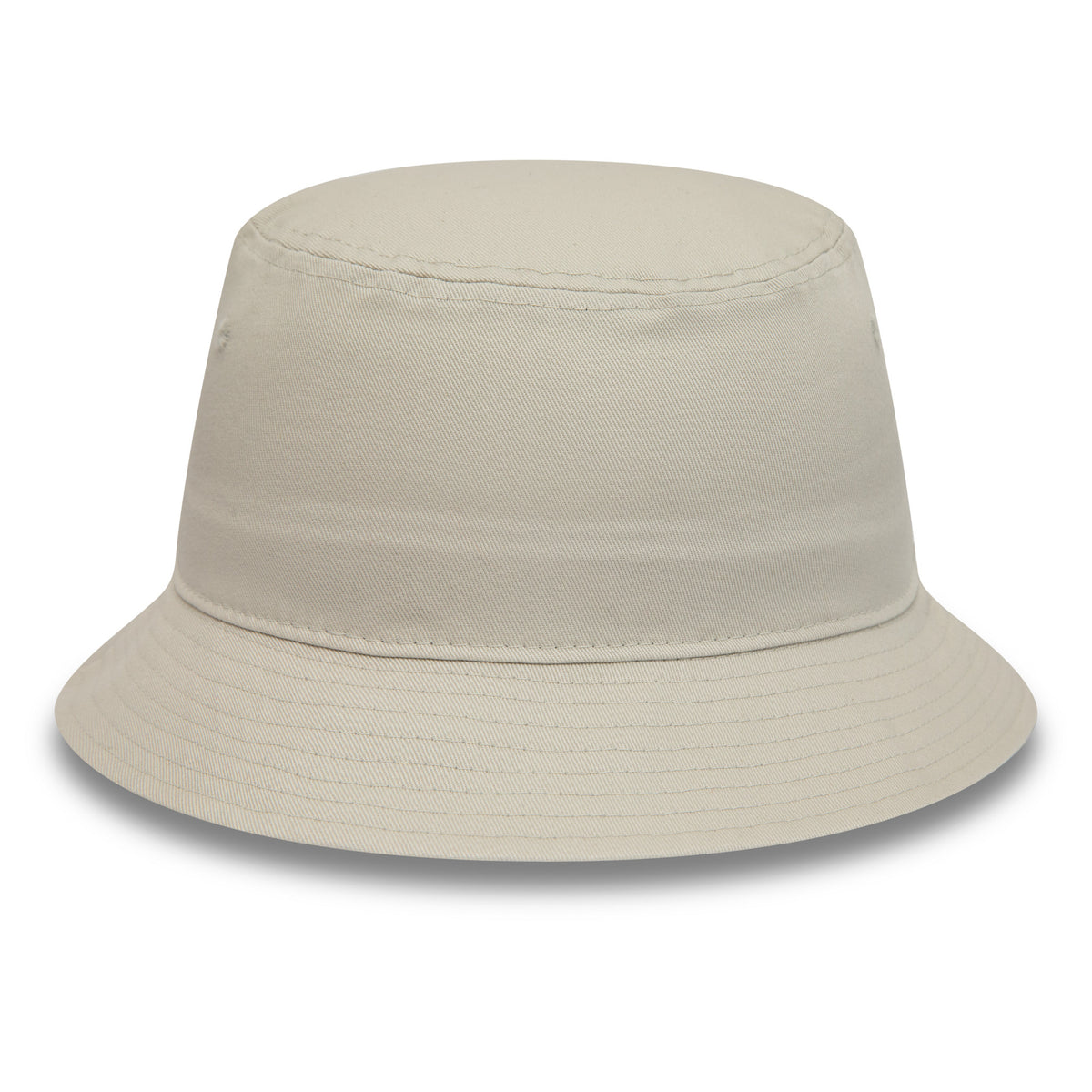 New Era Essential Tapered Stone Bucket Hat, front view showing the seamless design with a gently sloping brim and subtle stitching on the crown and brim, creating a clean and modern look.