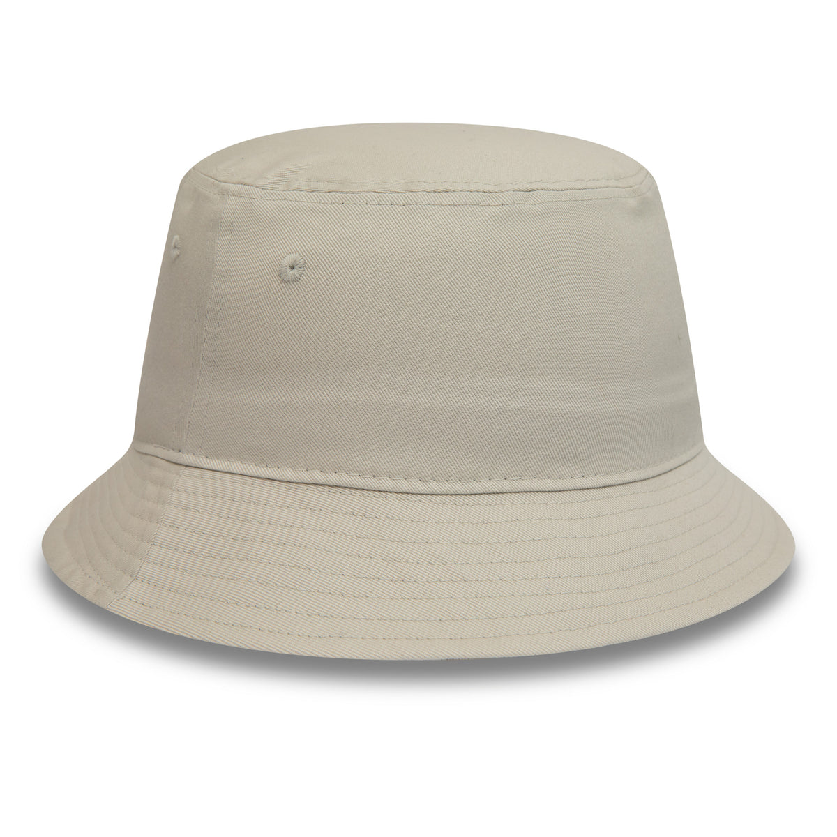 New Era Essential Tapered Stone Bucket Hat, three-quarter view showing unstructured design with sewn eyelets on the sides and a gently sloping brim, crafted in a soft stone-coloured fabric.
