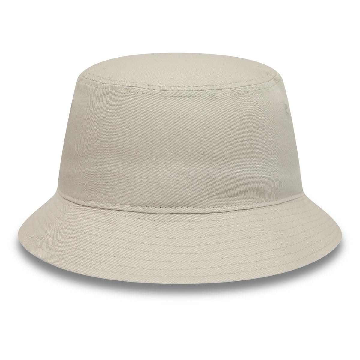 New Era Essential Tapered Stone Bucket Hat, front view with a structured crown and downward-sloped brim, highlighting the seamless design and single-tone stone colour throughout the entire hat.