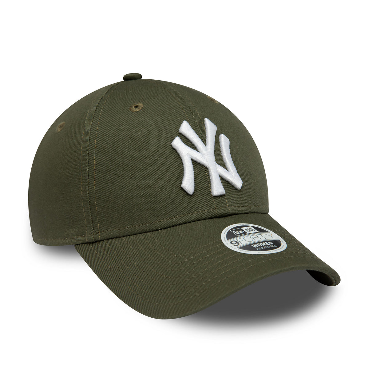New York Yankees Womens League Essential Dark Green New Era 9FORTY Adjustable Cap, three-quarter view showing the white raised embroidered NY logo on the front panel and the 9FORTY size sticker on the dark green curved visor.