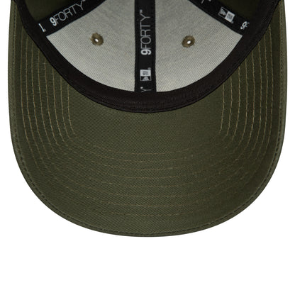 New York Yankees Womens League Essential Dark Green New Era 9FORTY Adjustable Cap, inside view showing black taping with white 9FORTY text, a dark-coloured sweatband, and a dark green undervisor with circular stitching.