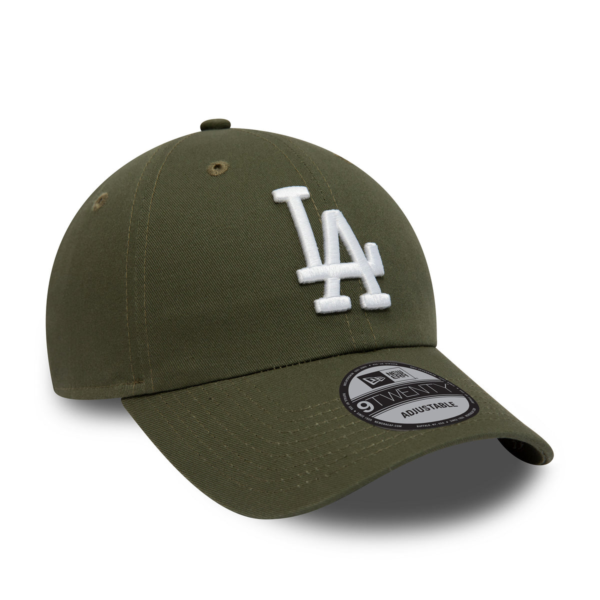 LA Dodgers League Essential Green New Era 9TWENTY Adjustable Cap, three-quarter view with a raised white LA logo on the front panel, featuring a curved visor and a 9TWENTY size sticker on top.
