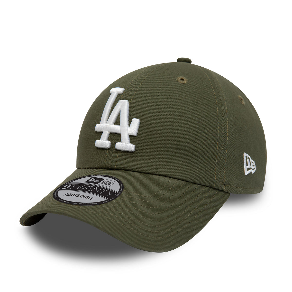 LA Dodgers League Essential Green New Era 9TWENTY Adjustable Cap, front view with a white raised LA logo on the front panel, a 9TWENTY size sticker on the visor, and a New Era flag logo embroidered on the left side.