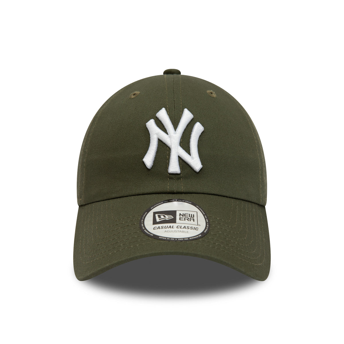 New York Yankees League Essential Green New Era 9TWENTY Adjustable Cap, front view showing the white raised embroidered NY logo on the front panel, with a curved visor and a 9TWENTY size sticker displayed prominently.
