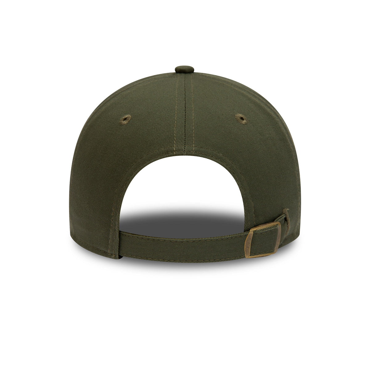New York Yankees League Essential Green New Era 9TWENTY Adjustable Cap, rear view showing the unstructured green crown, olive eyelets, top button, and the adjustable strap with a brass buckle at the back.