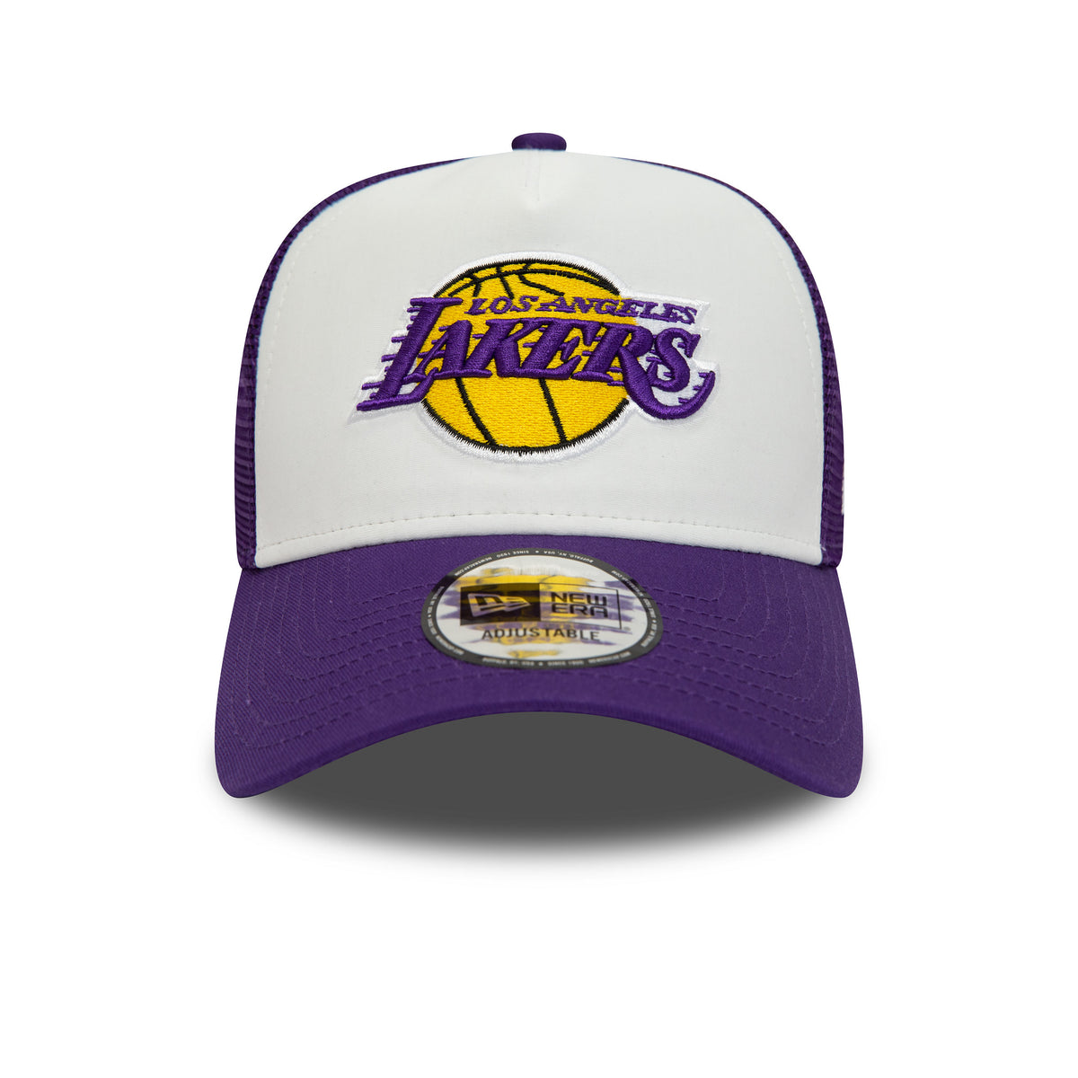 LA Lakers Team Colour Purple A-Frame Trucker Cap, front view with the raised purple and yellow embroidered logo on the white front panel, purple visor above the New Era adjustable sticker.