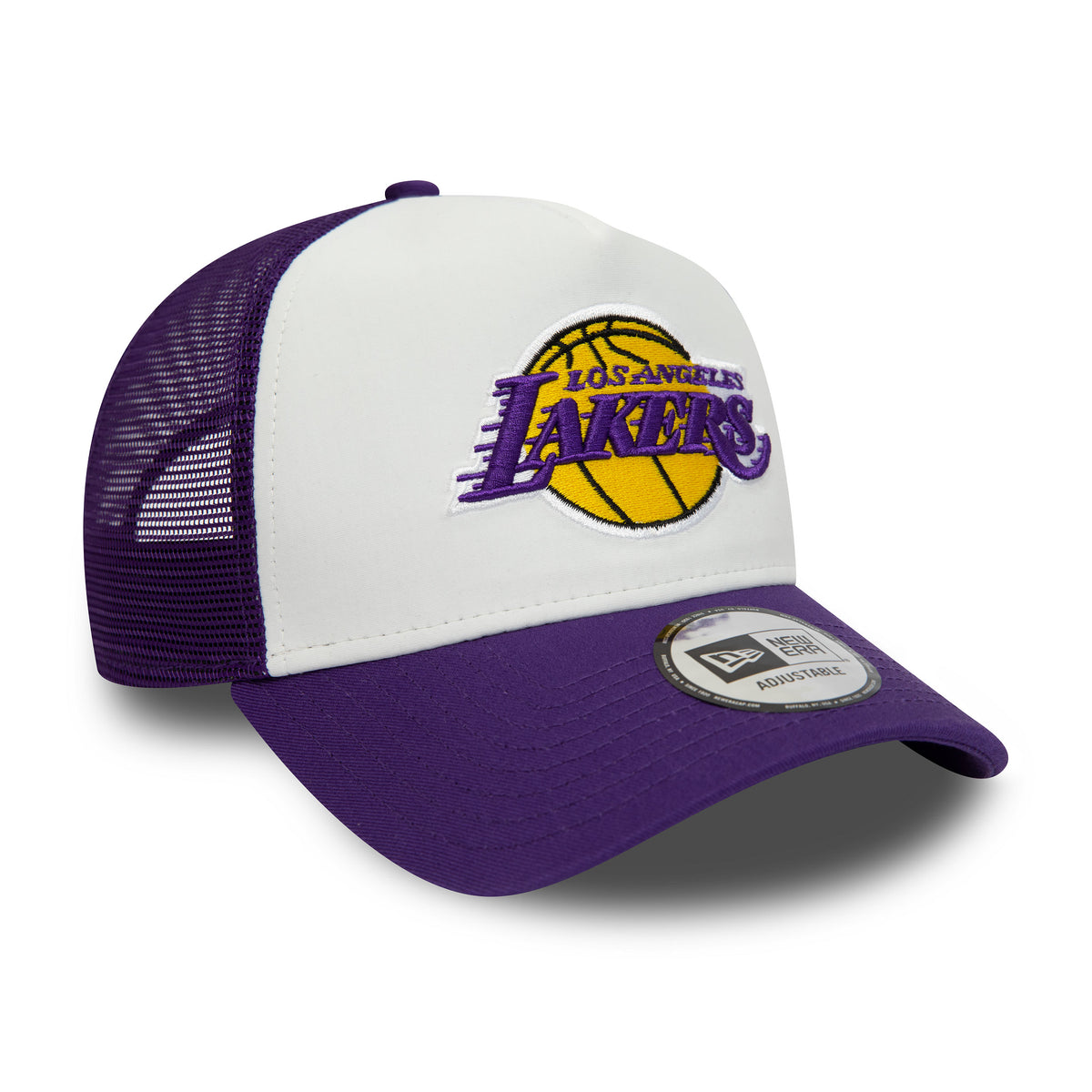 LA Lakers Team Colour Purple A-Frame Trucker Cap, three-quarter view showing the embroidered Lakers logo in purple and yellow on the front panel, completed with a New Era adjustable sticker on the purple visor.