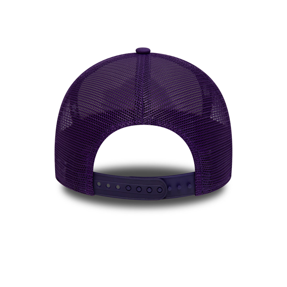 LA Lakers Team Colour Purple A-Frame Trucker Cap, rear view showing a purple mesh back with open panels for breathability and an adjustable plastic snapback strap centred at the back of the cap.