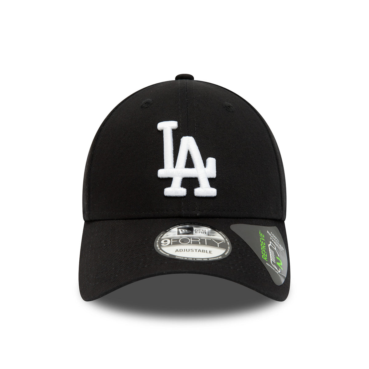 LA Dodgers Repreve League Essential Black New Era 9FORTY Adjustable Cap, front view showing the white embroidered LA logo on the centre front panels with a black curved visor featuring a 9FORTY size sticker on top.