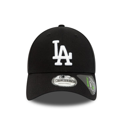 LA Dodgers Repreve League Essential Black New Era 9FORTY Adjustable Cap, front view showing the white embroidered LA logo on the centre front panels with a black curved visor featuring a 9FORTY size sticker on top.