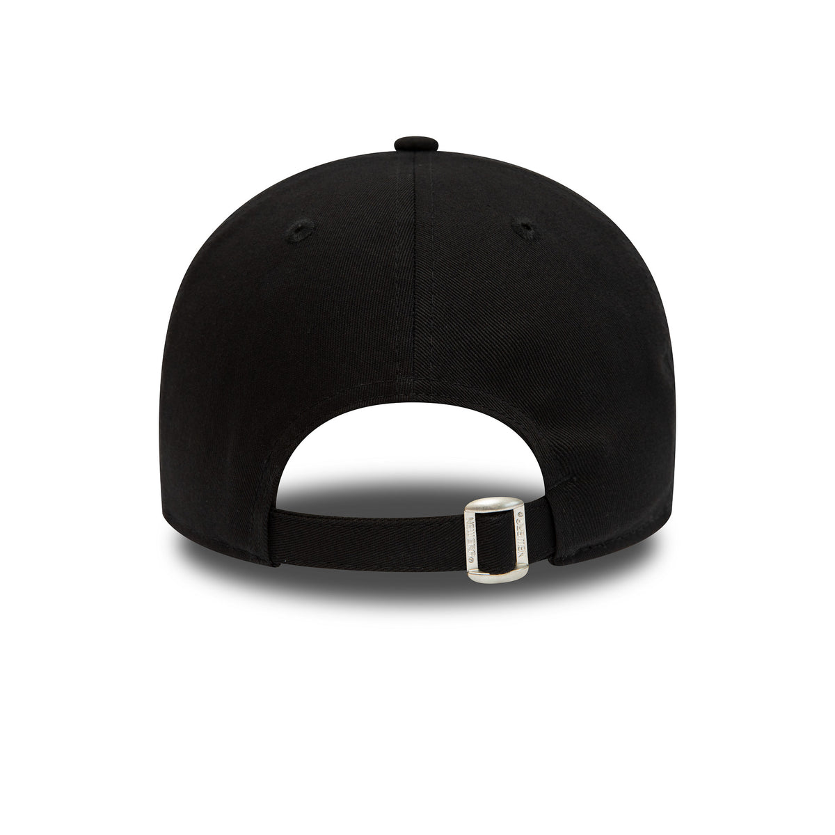 LA Dodgers Repreve League Essential Black New Era 9FORTY Adjustable Cap, rear view showing the curved visor, black top button, black eyelets, and an adjustable strap with a silver buckle at the back of the black structured crown.