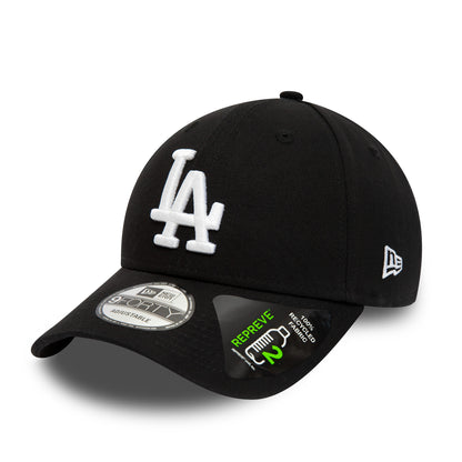 LA Dodgers Repreve League Essential Black New Era 9FORTY Adjustable Cap, three-quarter view showing the raised white LA logo on the front panel, black curved visor with a 9FORTY size sticker, and the New Era flag logo on the left side.