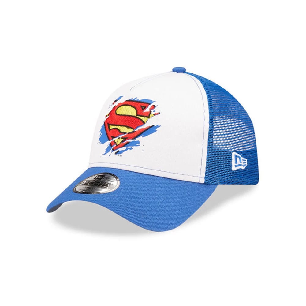 This is a Child DC Superman White 9FORTY A-Frame Trucker Adjustable Cap. 1