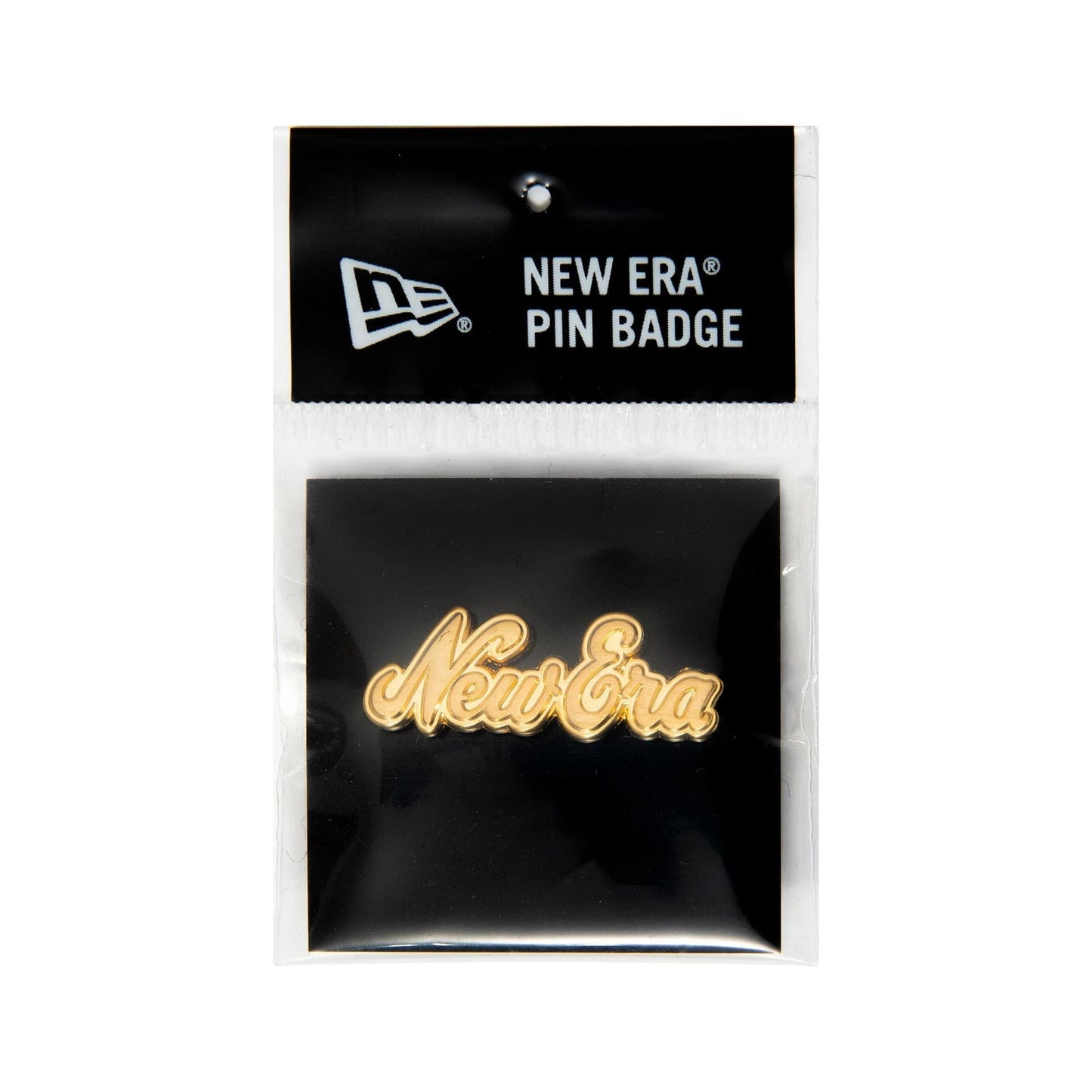This is a New Era Script Logo Gold Pin Badge 3