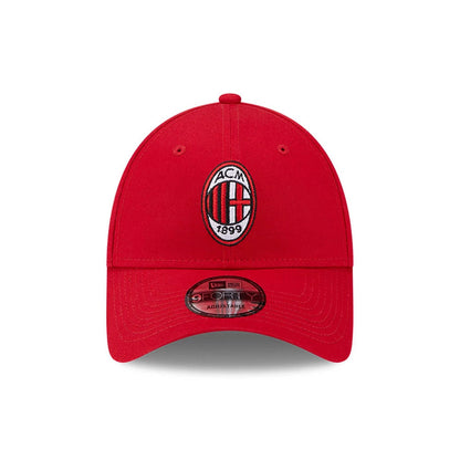 AC Milan Red New Era 9FORTY Adjustable Cap, front view showing the AC Milan crest in raised embroidery on the red front panel, curved visor with a 9FORTY size sticker, and red top button.