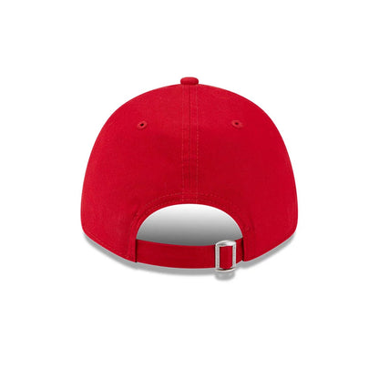 AC Milan Red New Era 9FORTY Adjustable Cap, rear view featuring a metallic adjustable strap buckle centred above the open back, with matching red eyelets and top button on the structured crown.